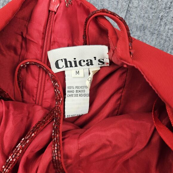 Vintage Chicas Dress Womens Medium Red Beaded Halter 90s Prom Gown Romantic Y2K - Picture 7 of 12